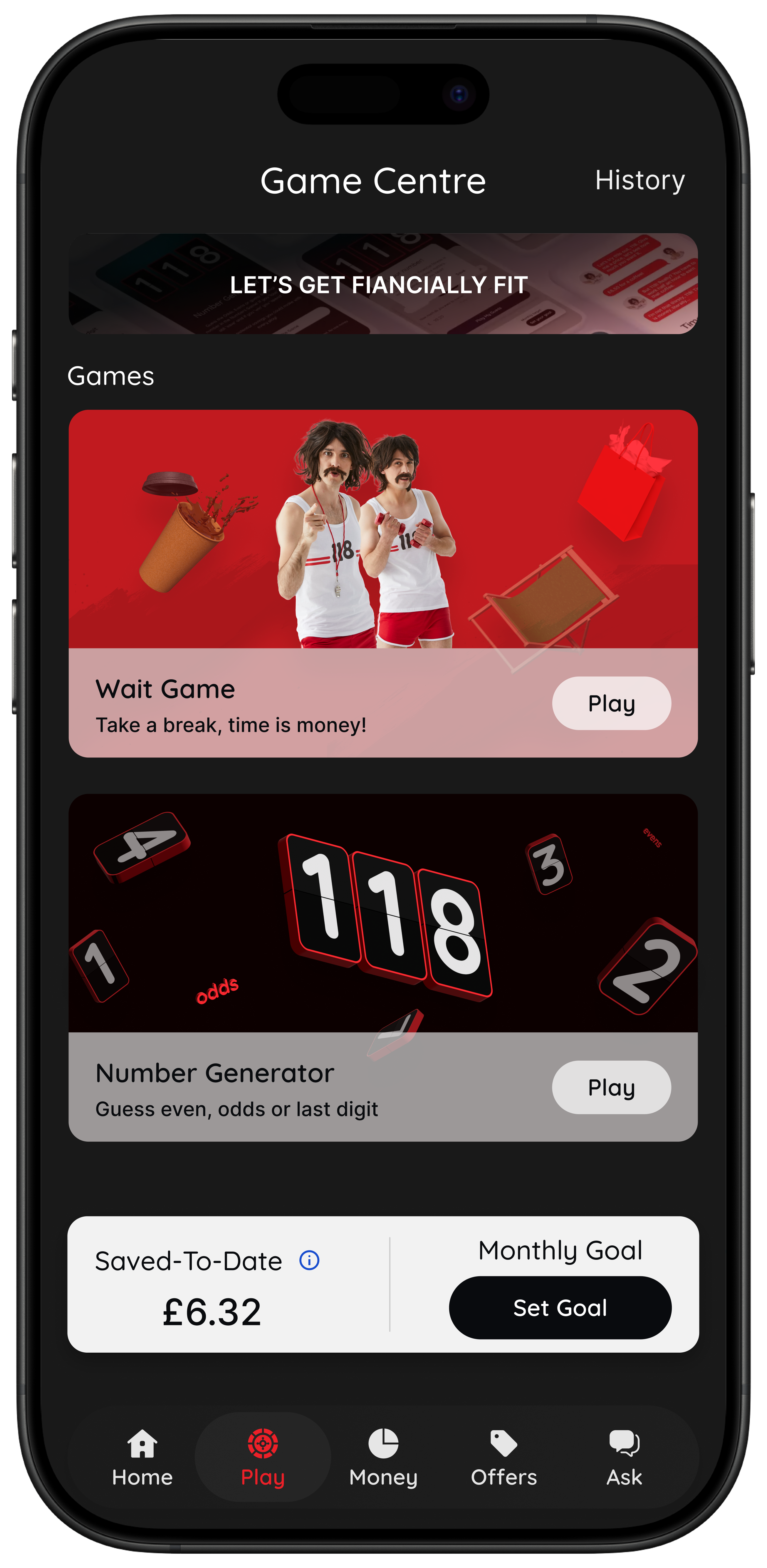 118M8 Game Centre showing Wait Game and Number Generator with Saved-To-Date tracker and monthly goal