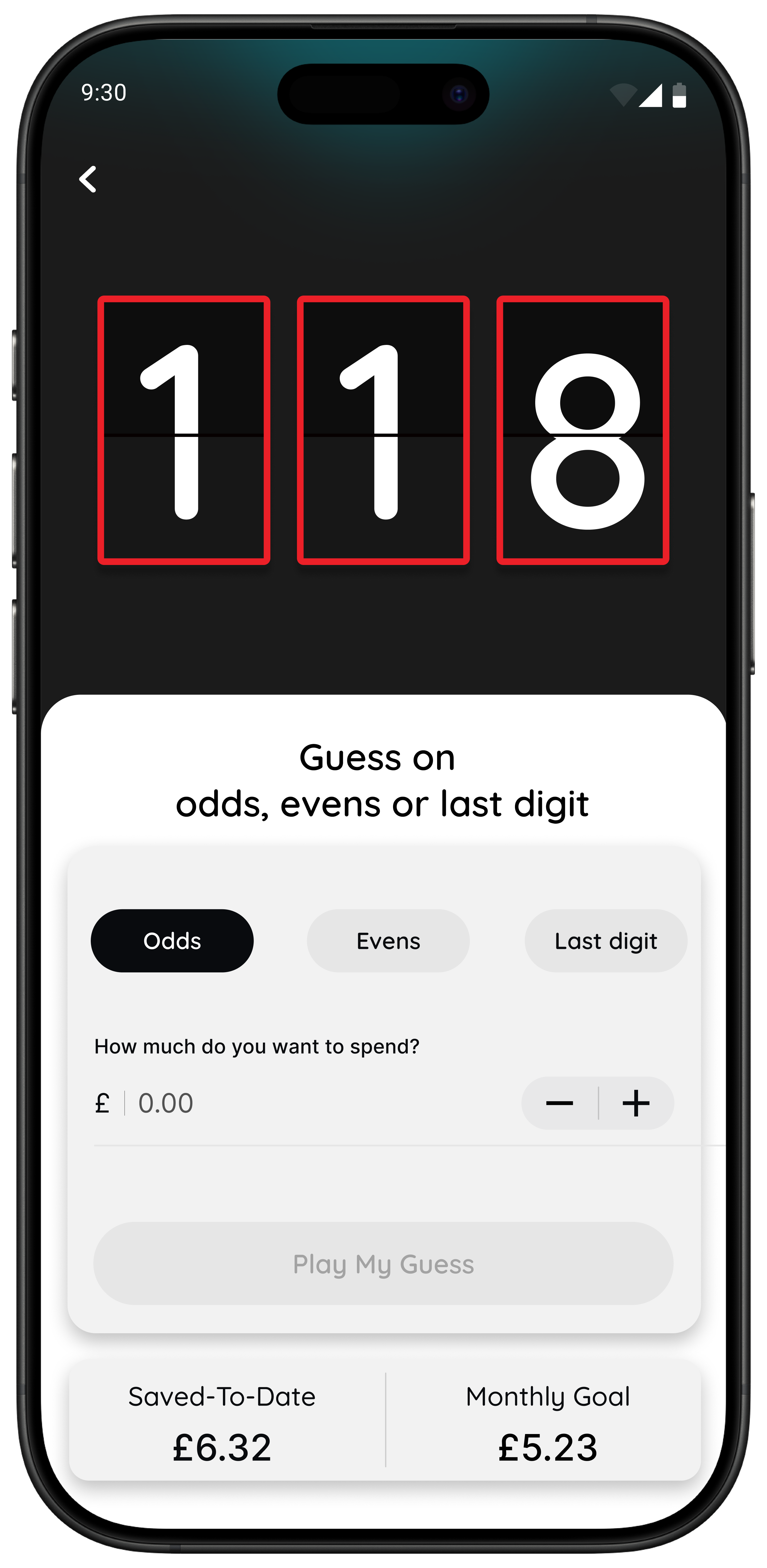 118M8 Number Generator game showing 1-1-8 numbers with odds, evens, and last digit options