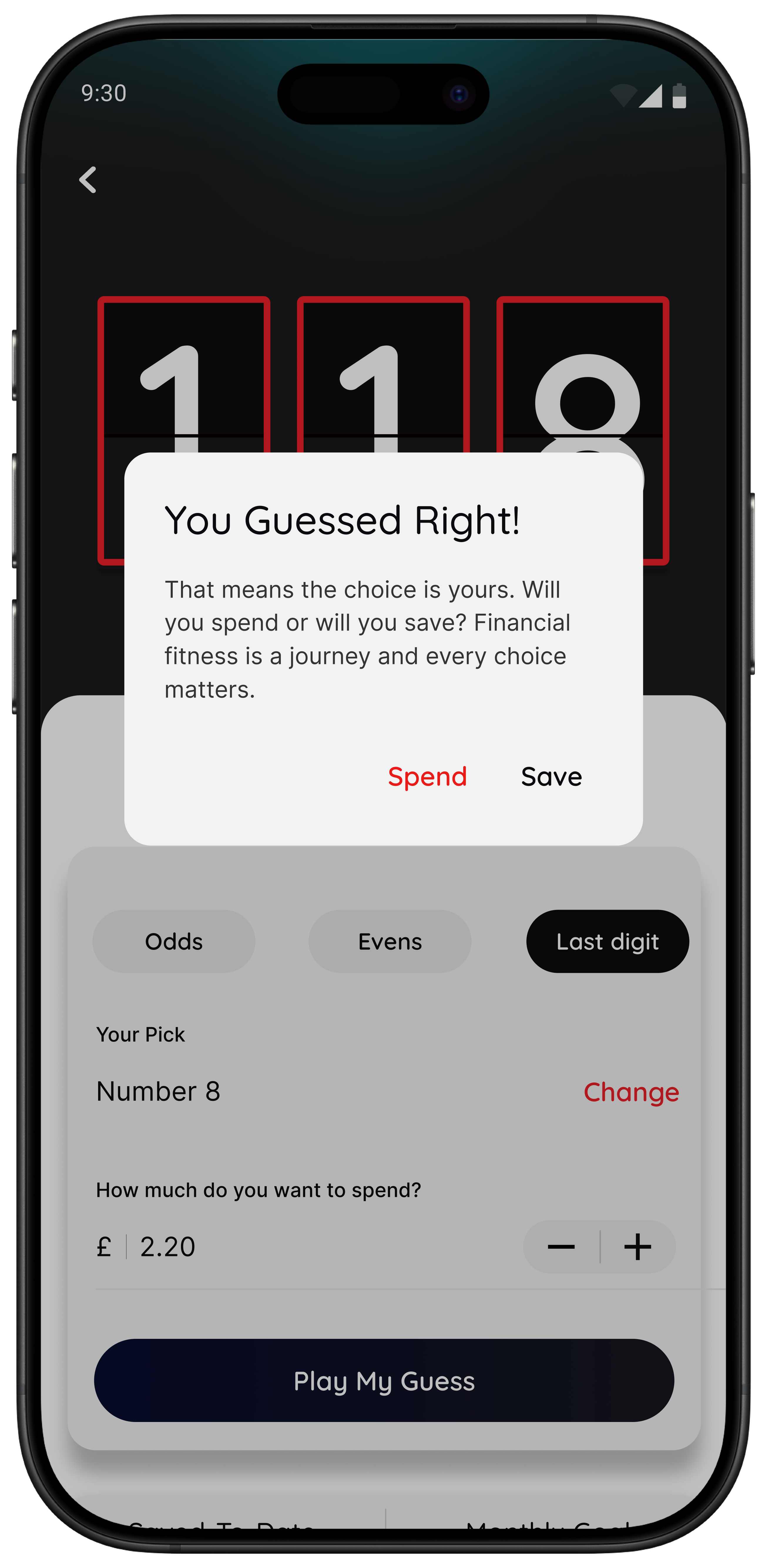 118M8 Number Generator result showing You Guessed Right with Spend and Save options