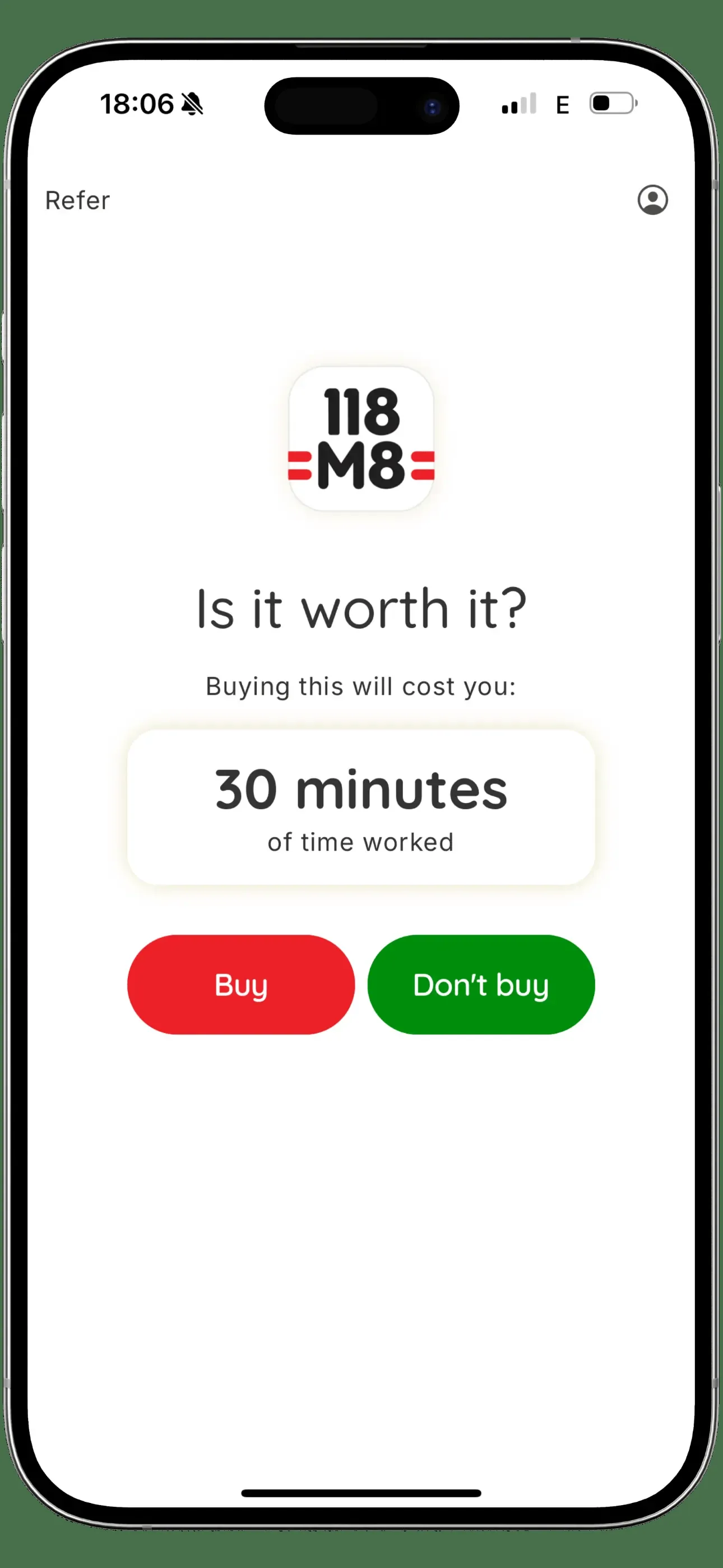 118M8 app screenshot showing price in hours