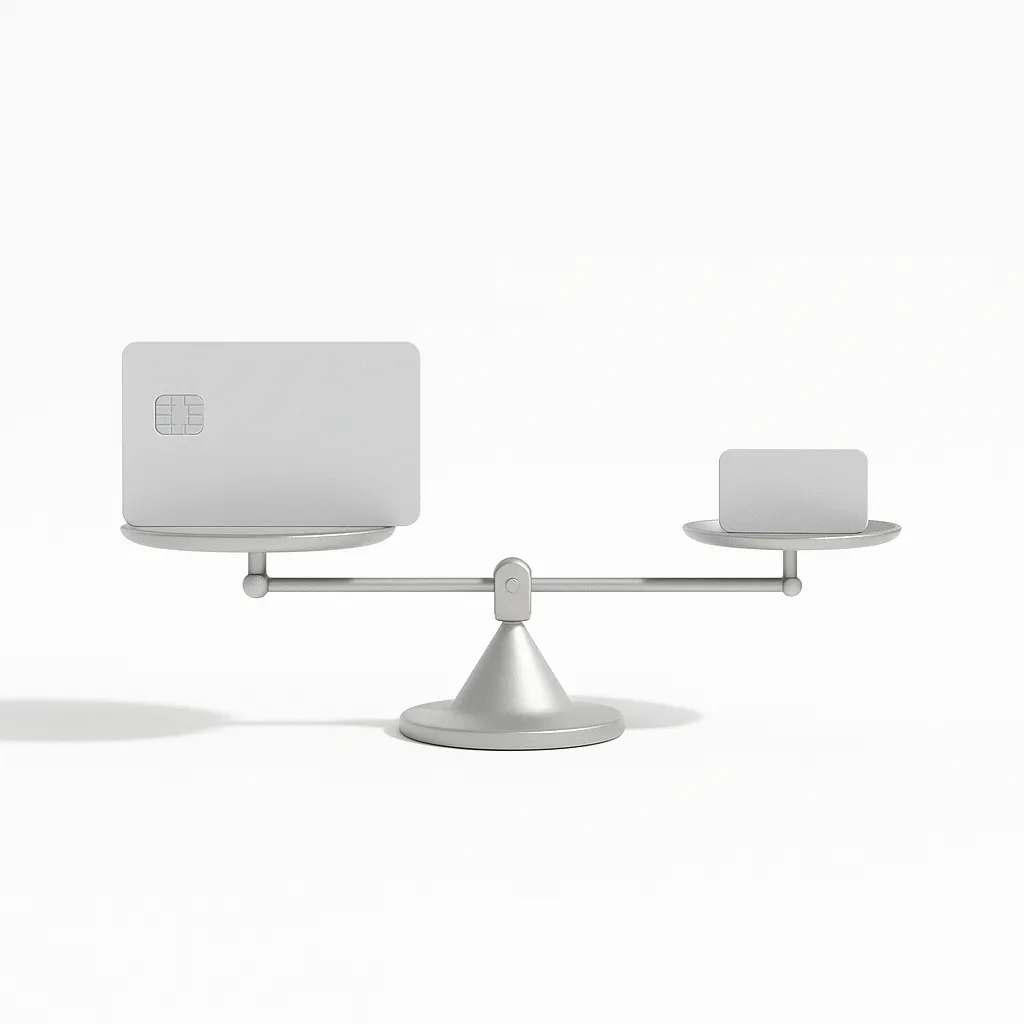 balance scale with two cards on a white background