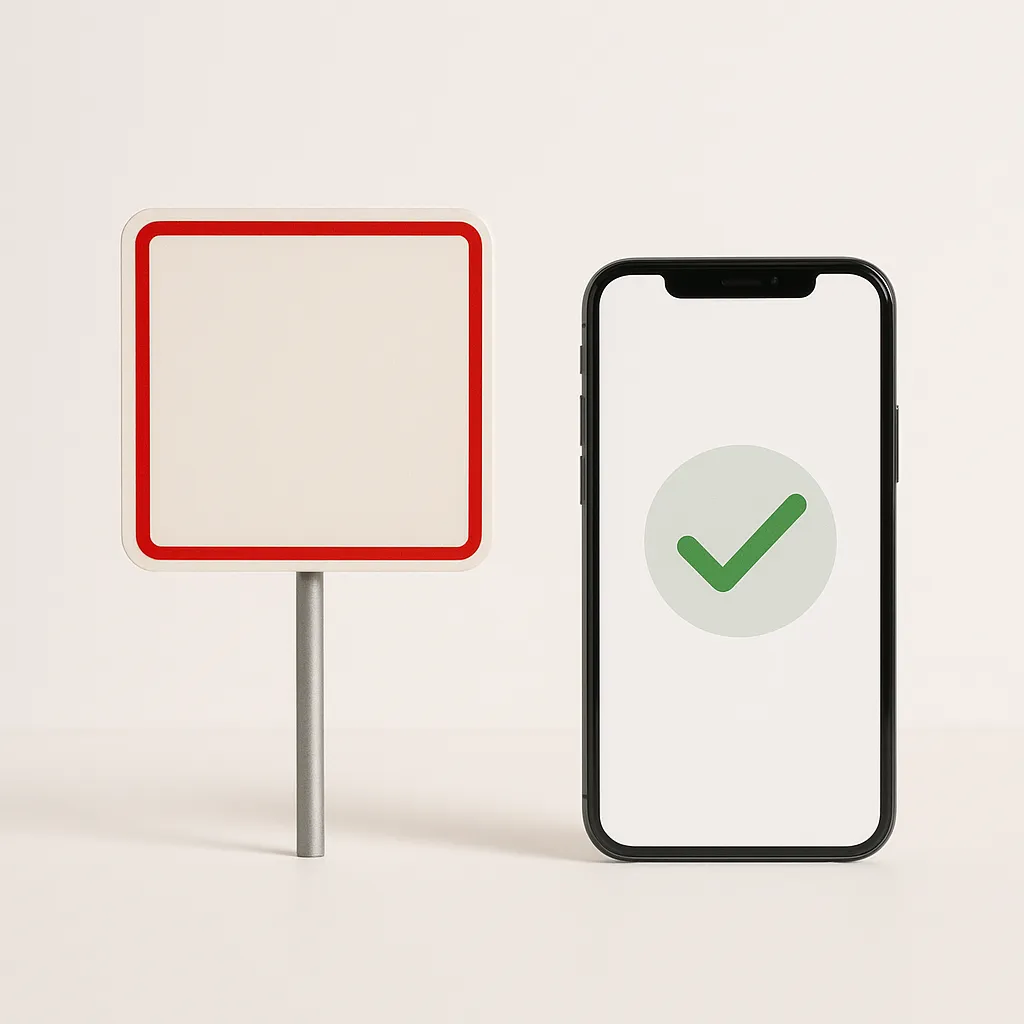 blank road sign beside a smartphone showing a generic approval screen on a white background