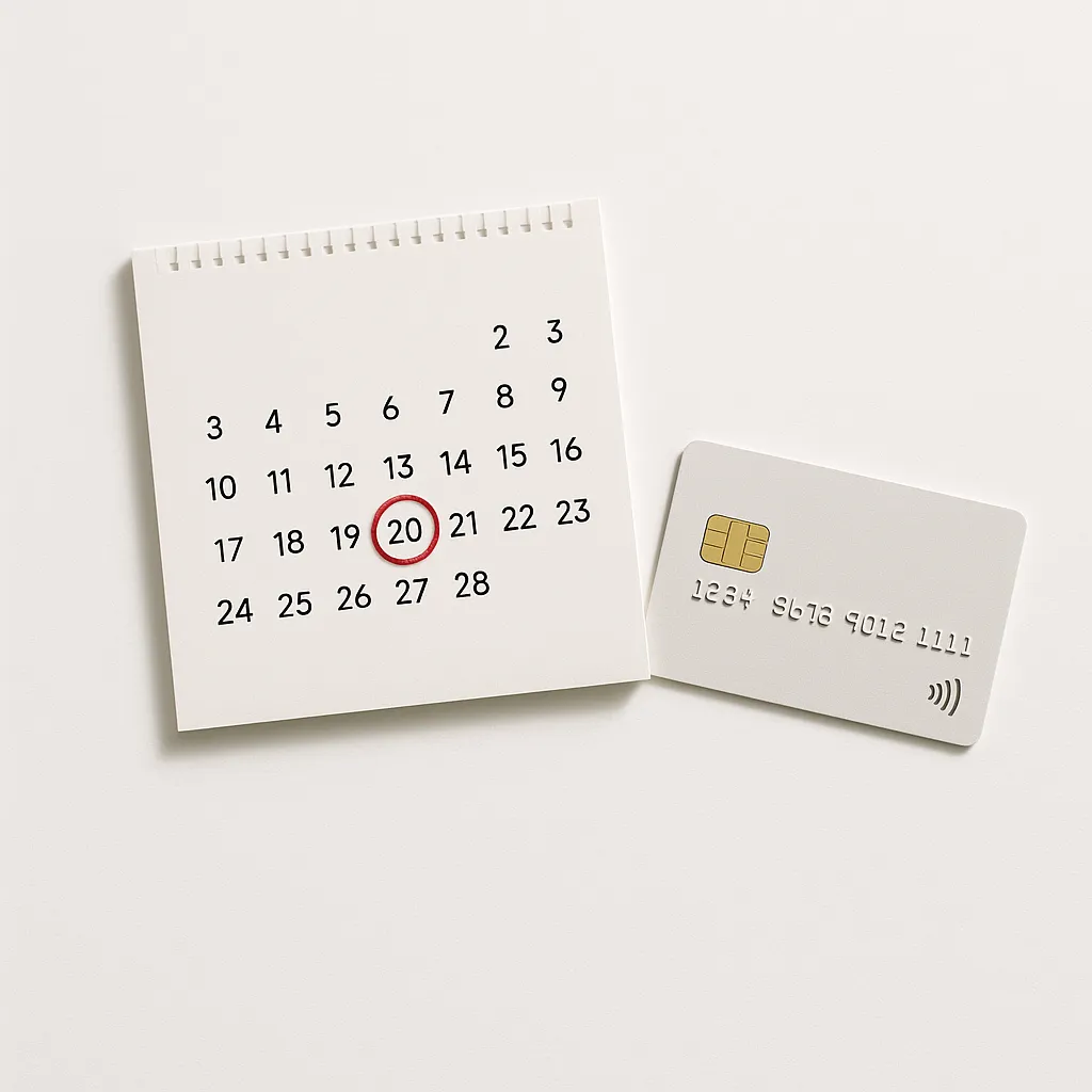 calendar page next to a debit card on a white background