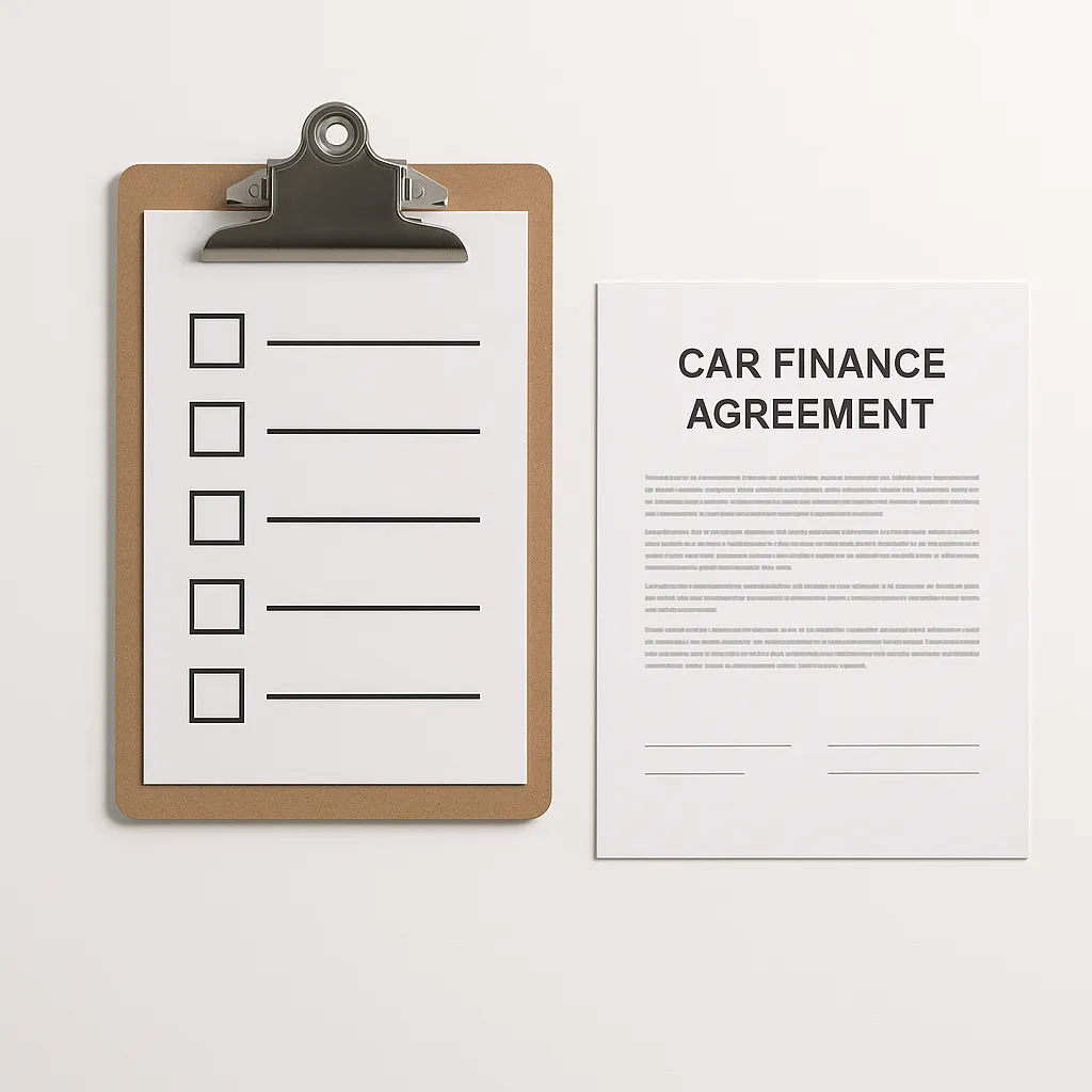 clipboard checklist beside a car finance document on a white background