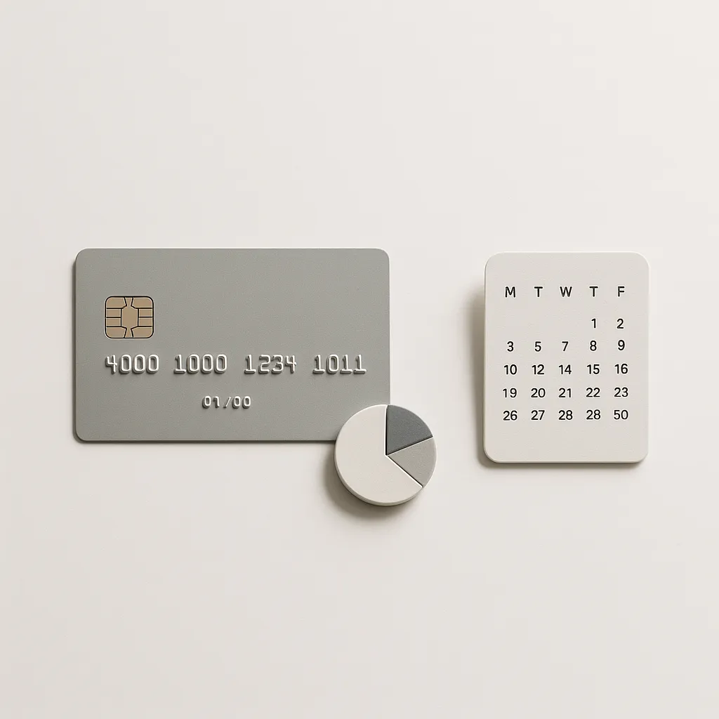 credit card beside a small chart token and calendar card on a white background