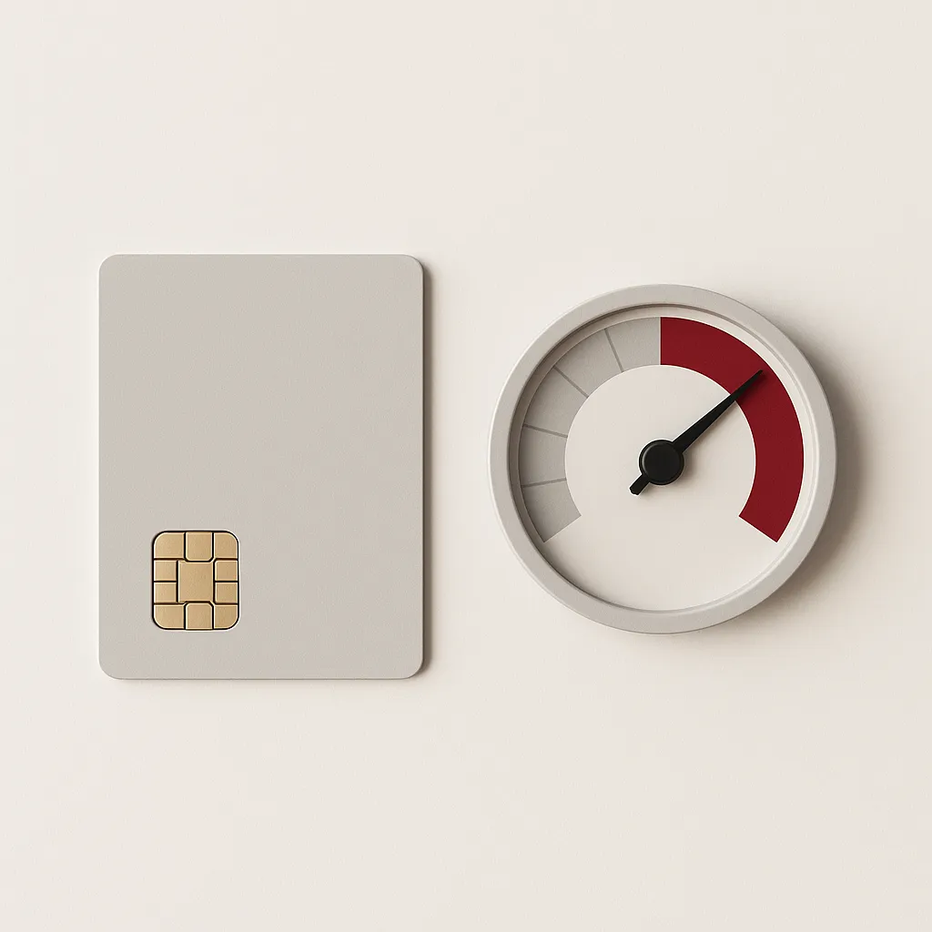 credit card next to a gauge dial on a white background