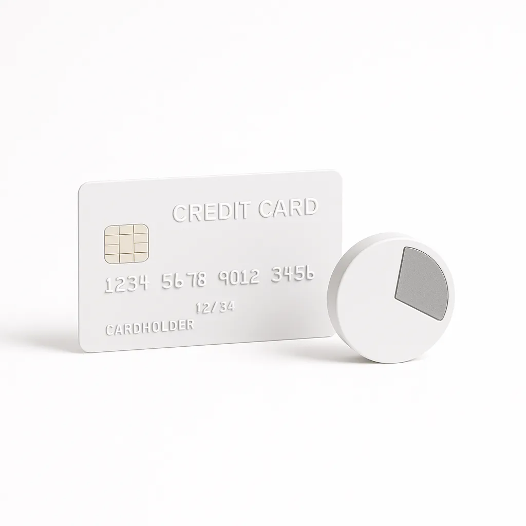 credit card next to a pie chart on a white background