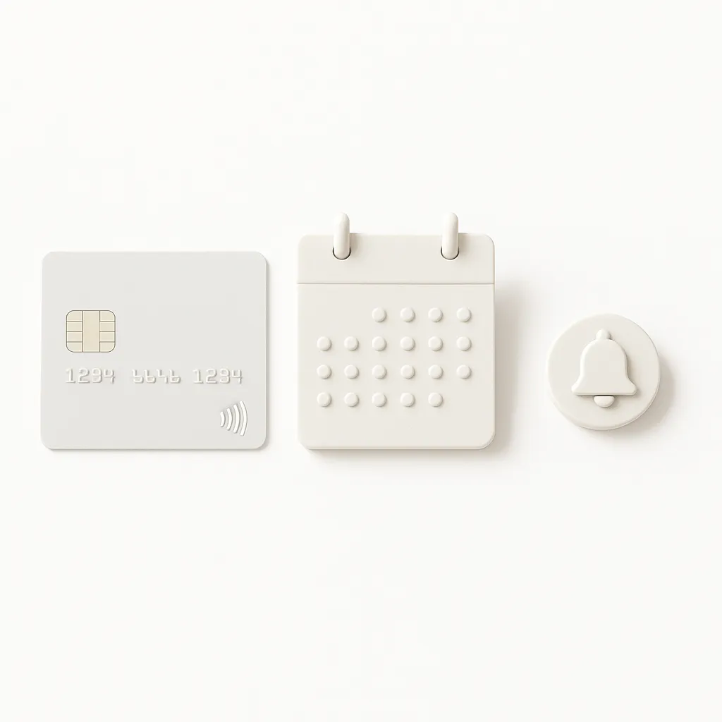 debit card next to a calendar page on a white background