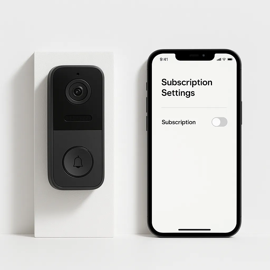 doorbell camera and smartphone on white background showing subscription turned off