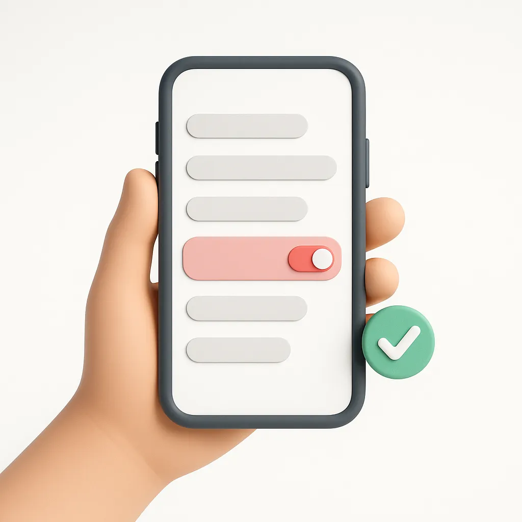 hand holding a phone showing a subscriptions list with a red toggle switched off
