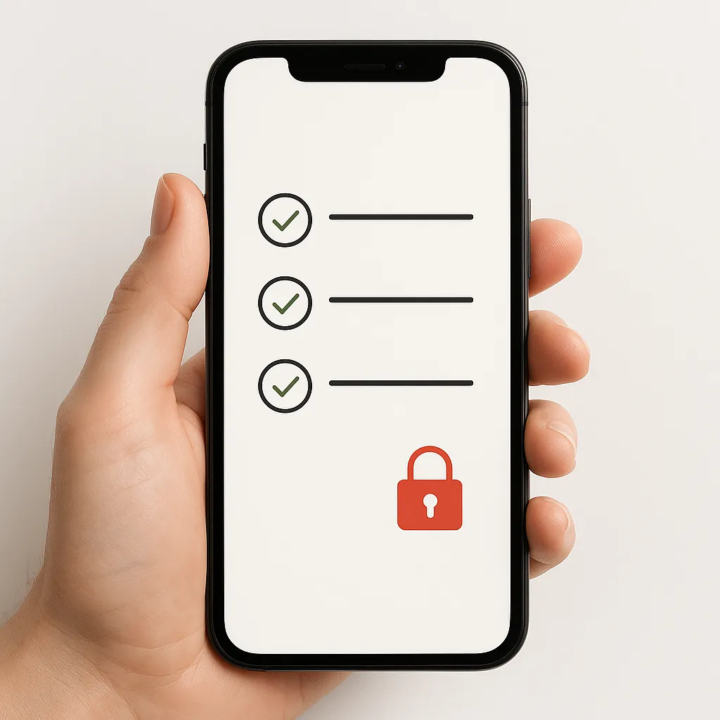 hand holding a phone with a checklist and a lock icon