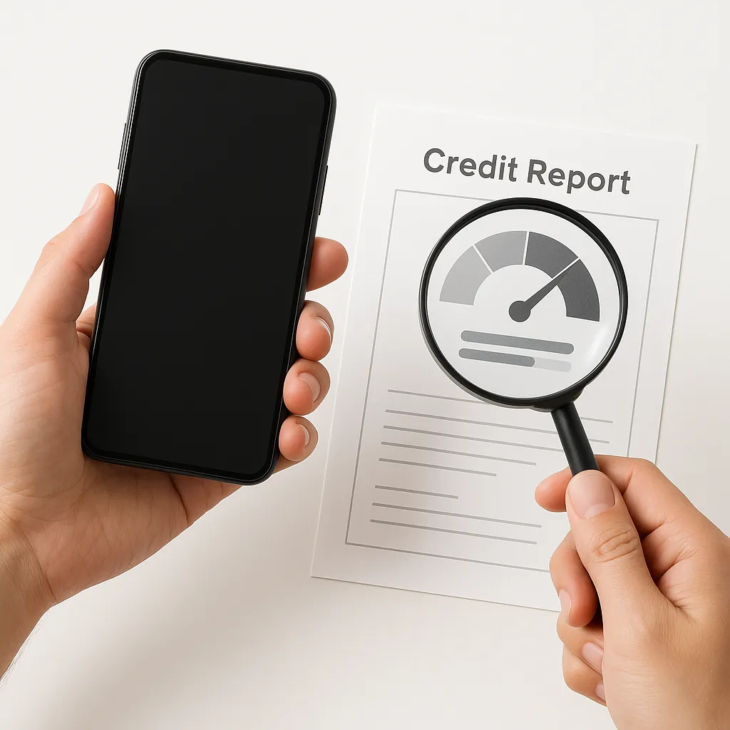 hand holding a smartphone with a magnifying glass over a credit report page on a white background