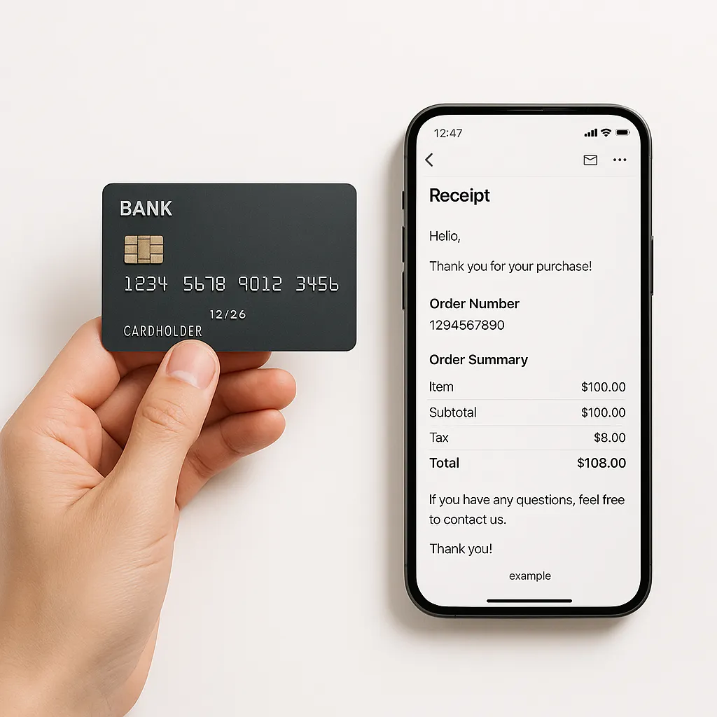 hand holding bank card beside smartphone showing receipt