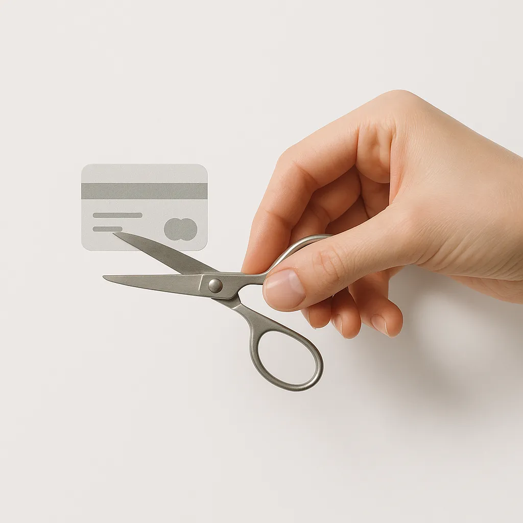 hand holding scissors cutting a small card icon on a white background