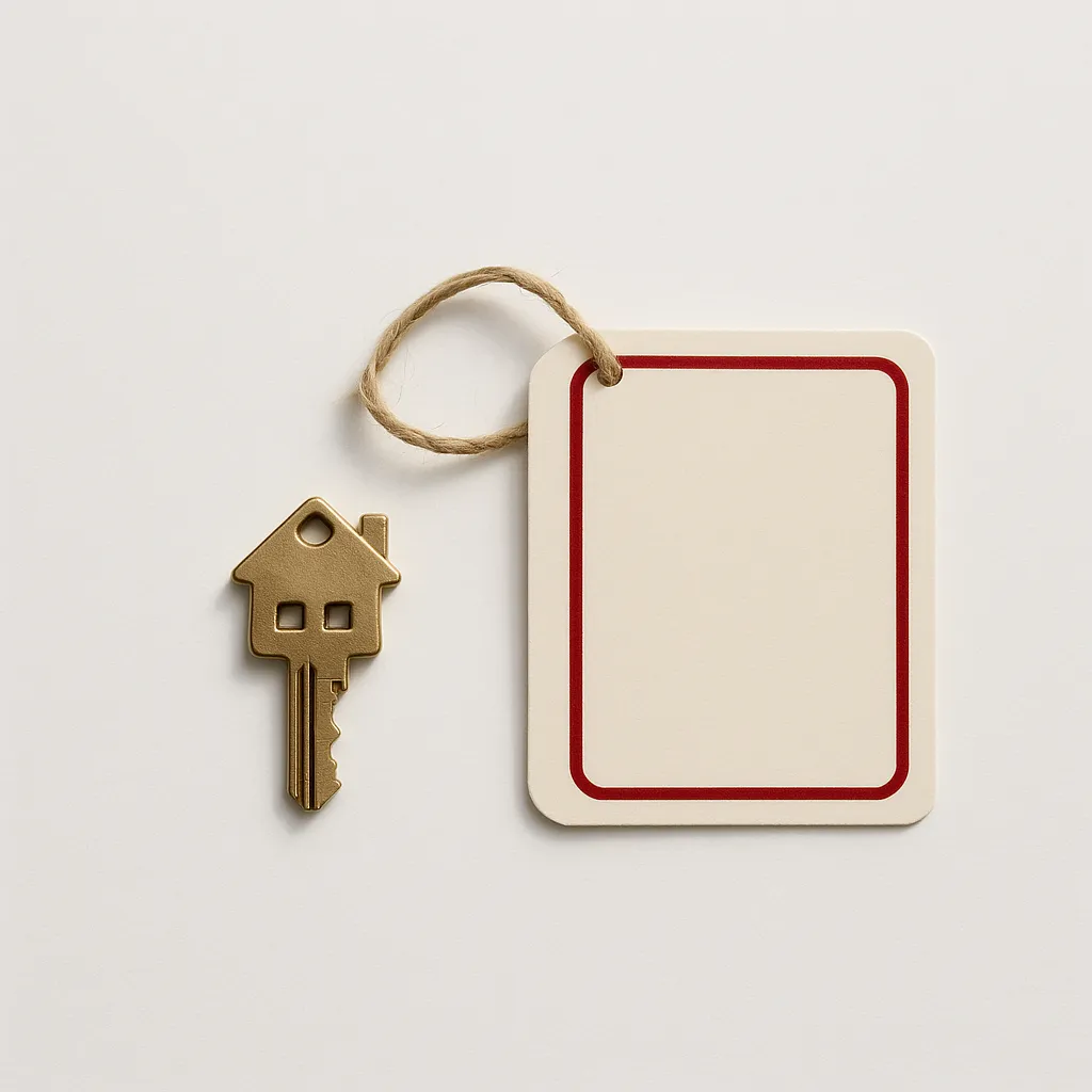 house key next to an address card on a white background