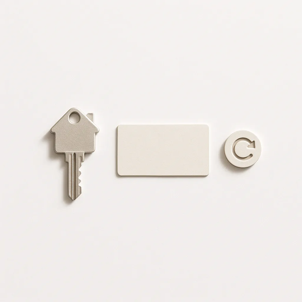 house key next to an address card with an update arrow on a white background