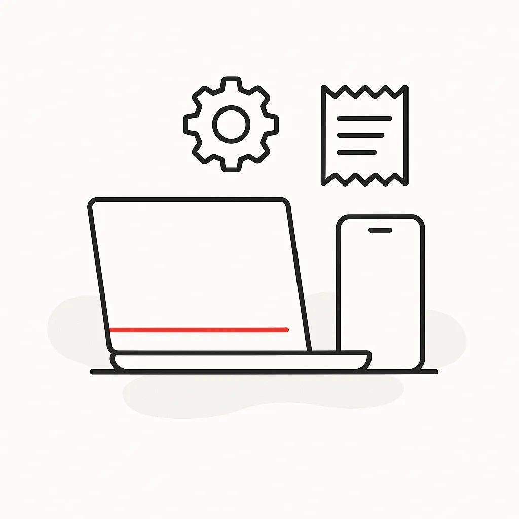 laptop and phone with settings cog and receipt icons floating above