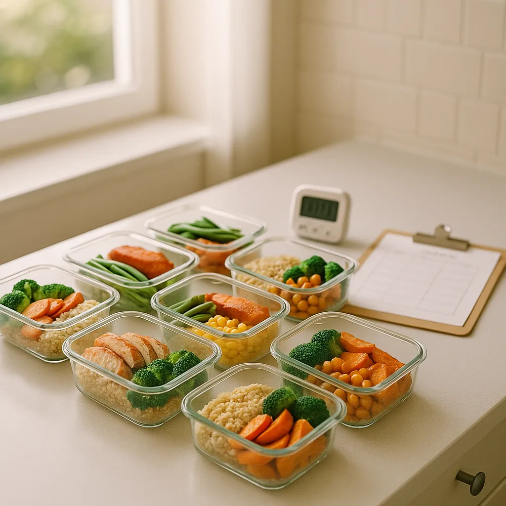 meal prep containers with colorful meals on a kitchen counter next to a weekly plan