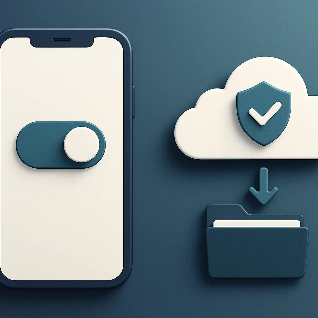 Phone toggle off beside cloud with shield and folder arrow