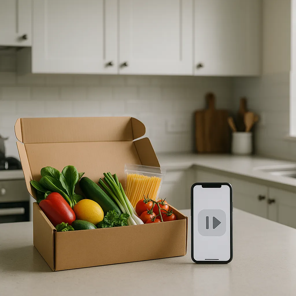 Open meal‑kit box with vegetables and pasta; phone shows pause/skip icons