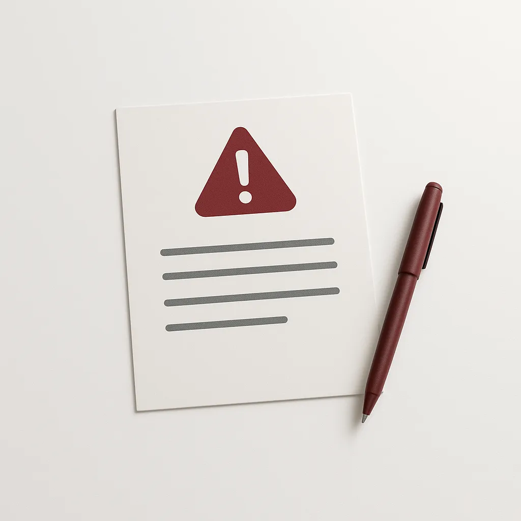 paper document with a warning symbol and a pen on a white background