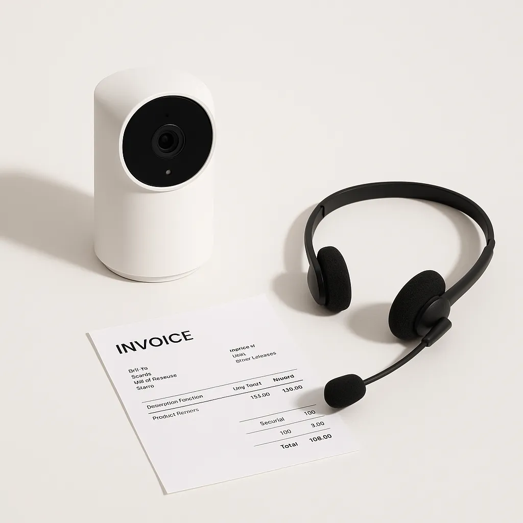 security camera with invoice and headset on white background