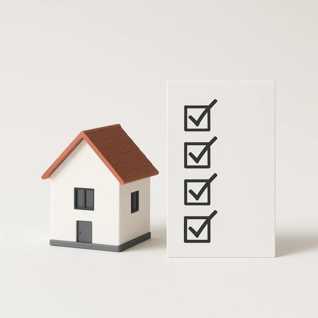 small house model next to a checklist card on a white background