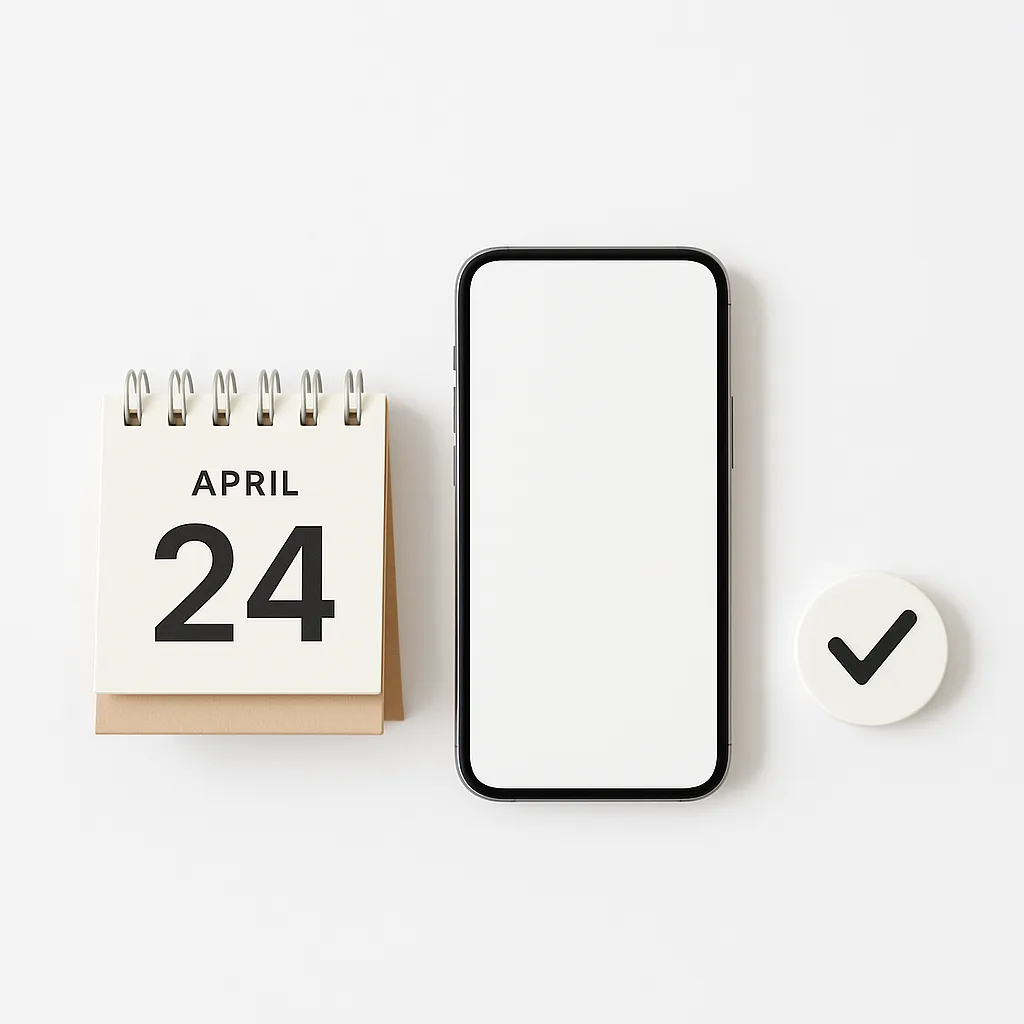 smartphone beside a calendar page and checkmark on a white background