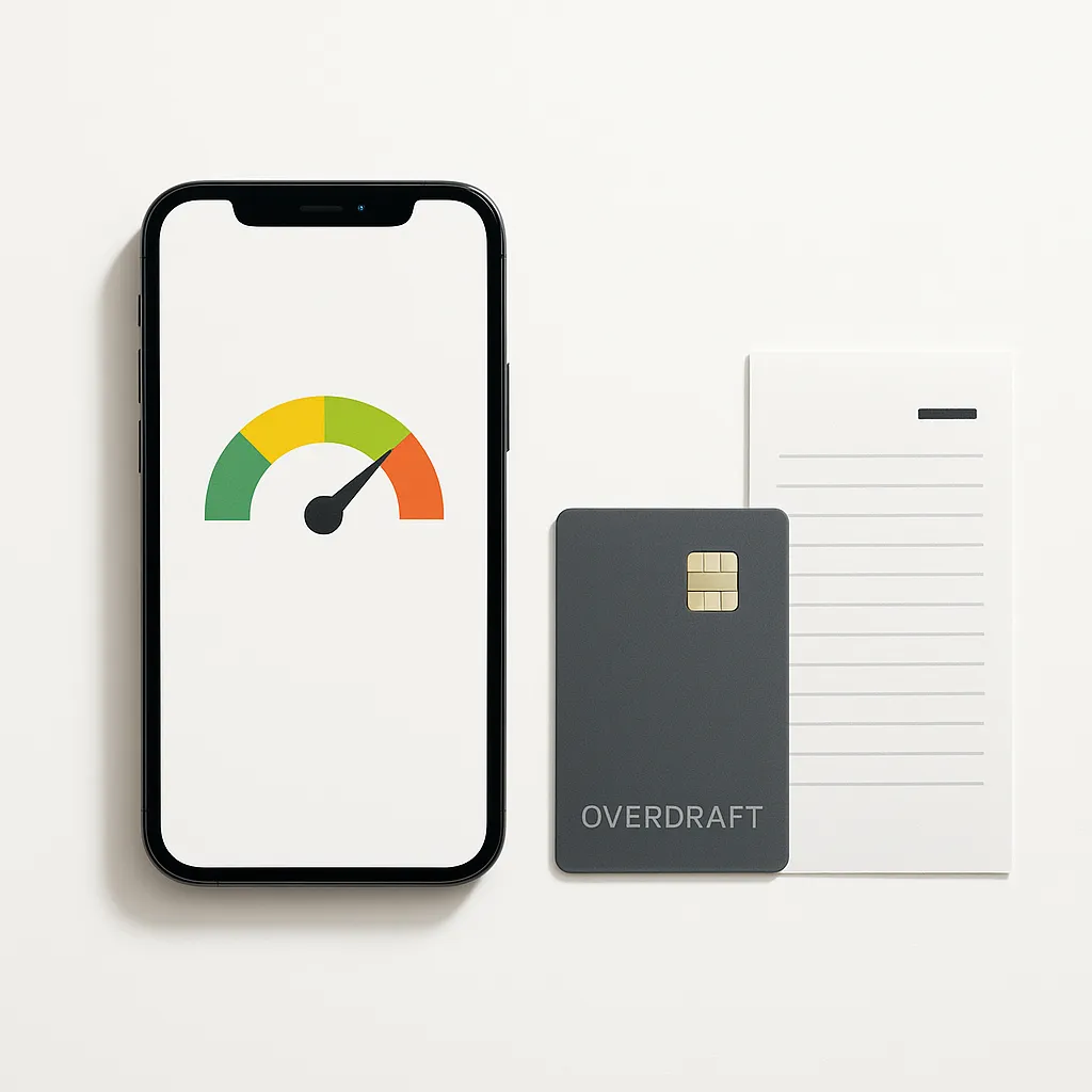 smartphone next to a bank card and a paper statement on a white background