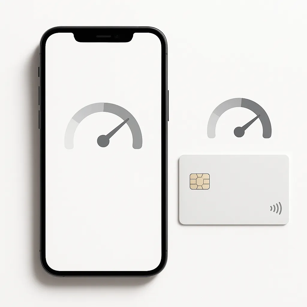 smartphone next to a bank card and a utilisation gauge on a white background