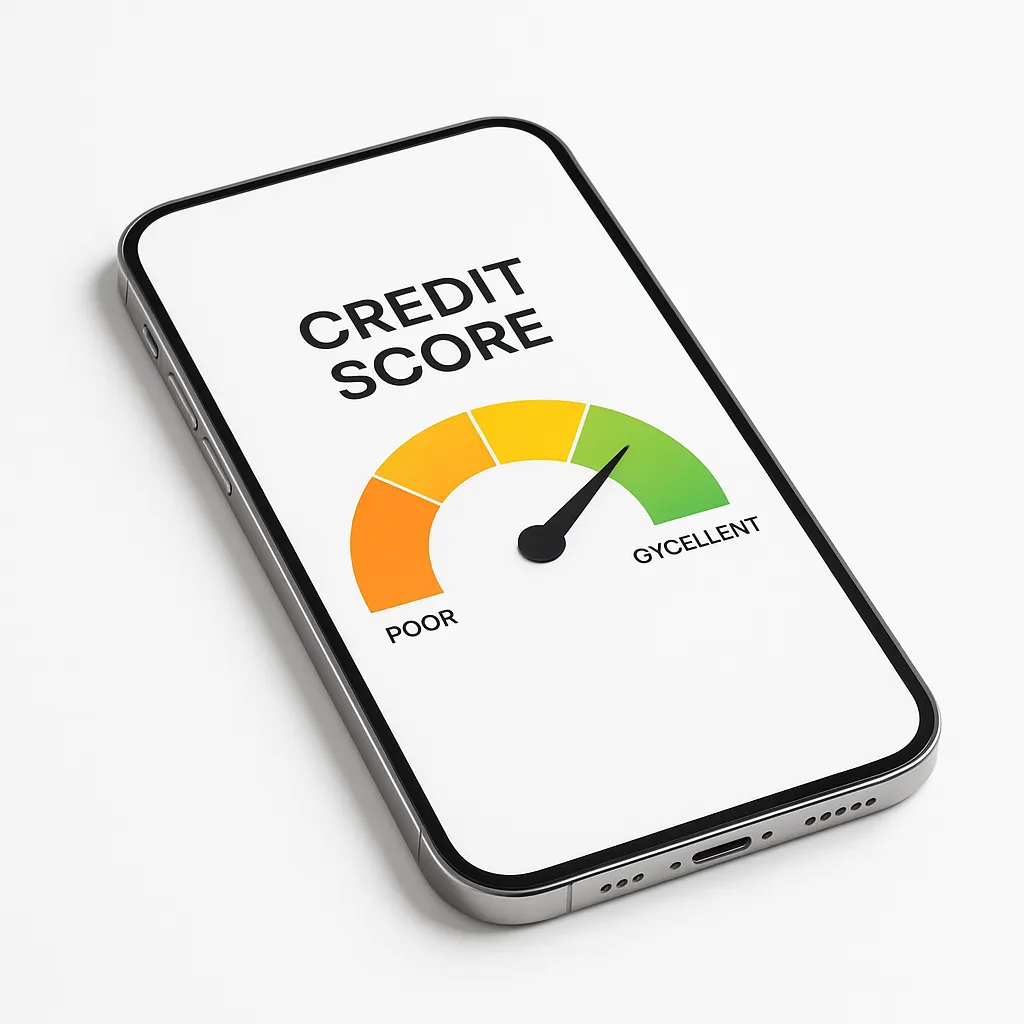 smartphone showing a credit score dial on a white background
