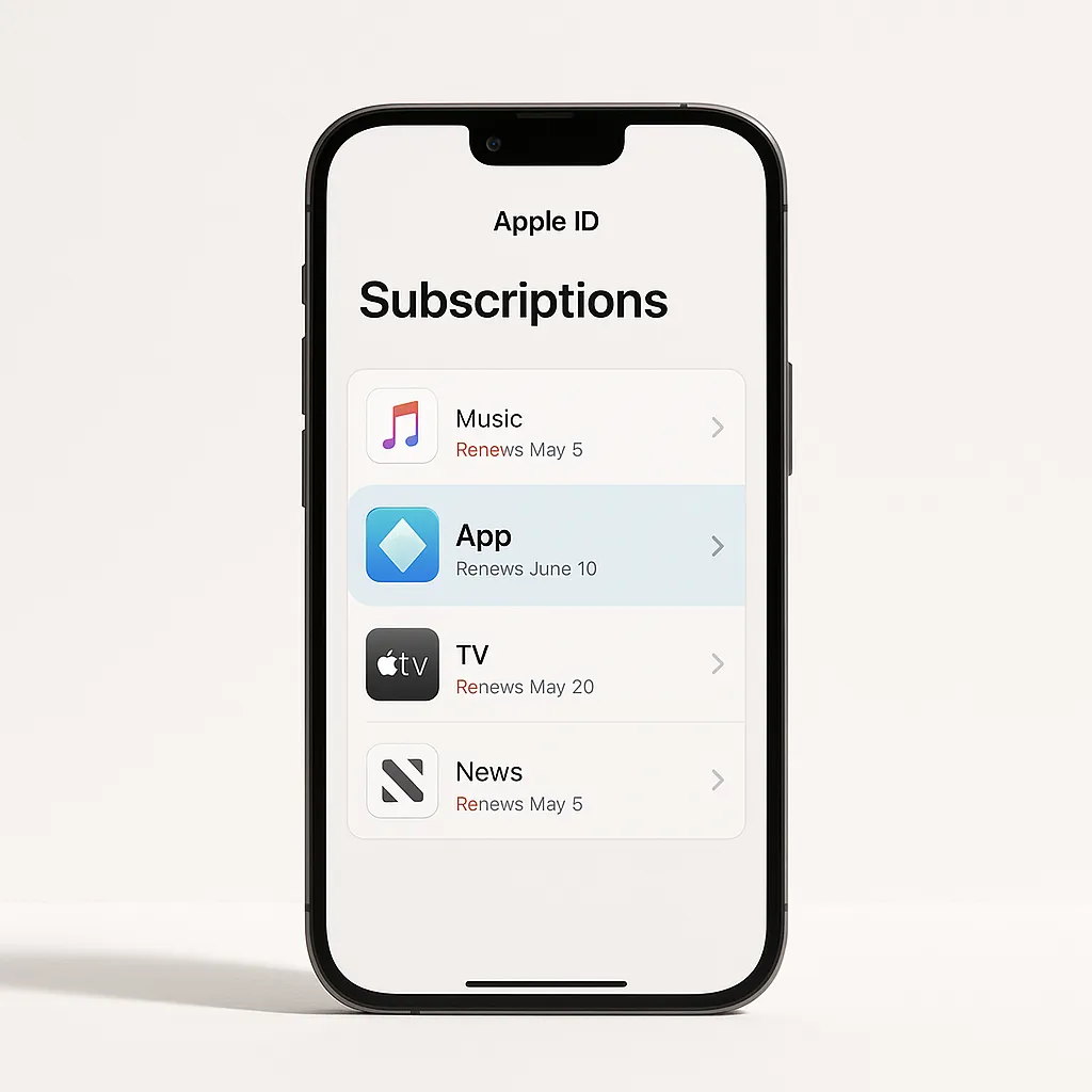 smartphone showing subscriptions list on a white background