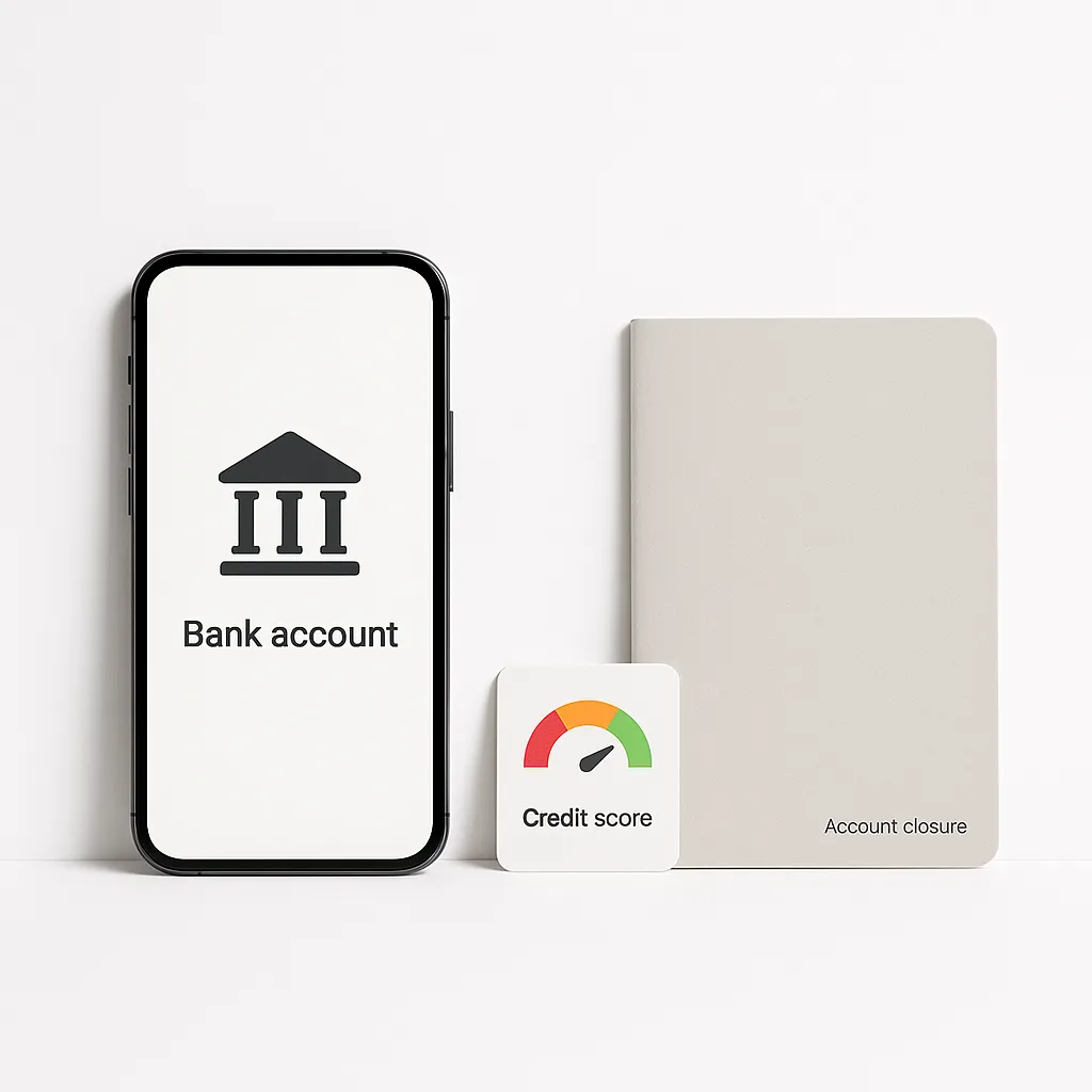 smartphone with a bank icon next to a credit score gauge on a white background