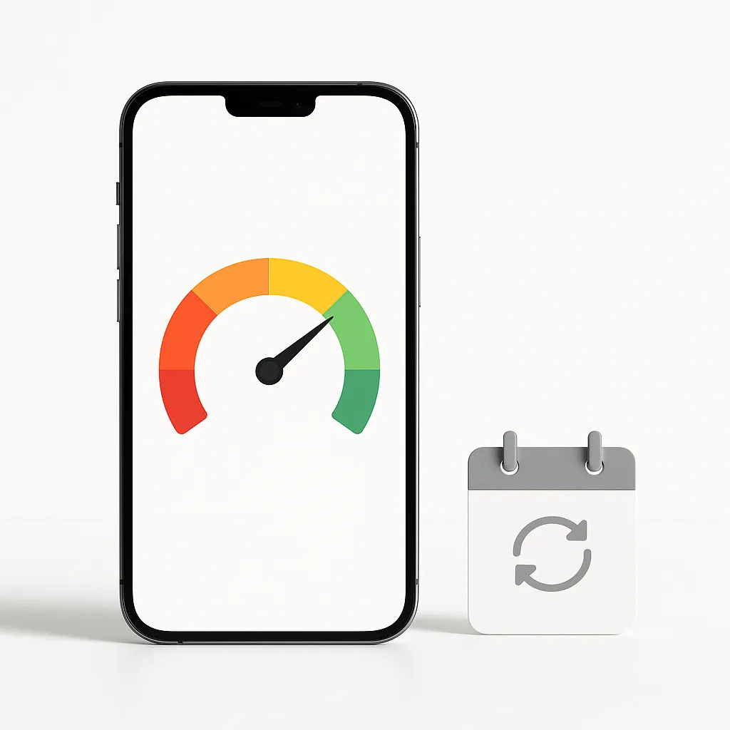 smartphone with a credit score dial next to a small calendar page on a white background
