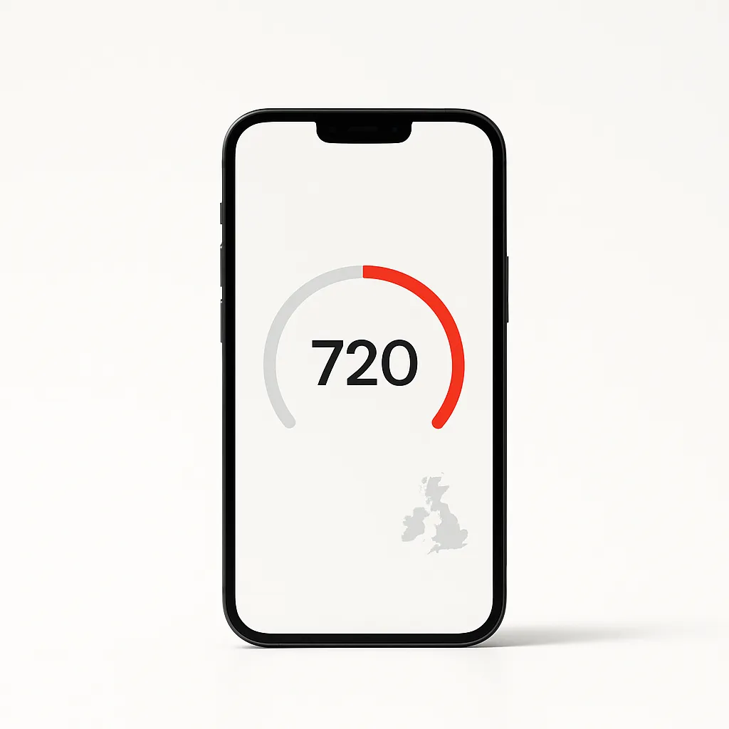 smartphone with a credit score gauge on a white background
