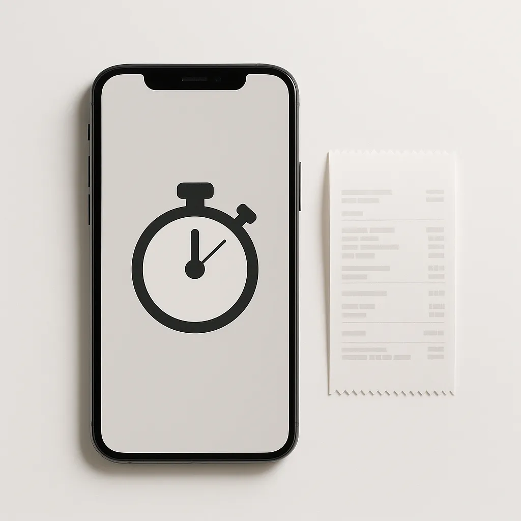 smartphone with a timer icon beside a small receipt on a white background