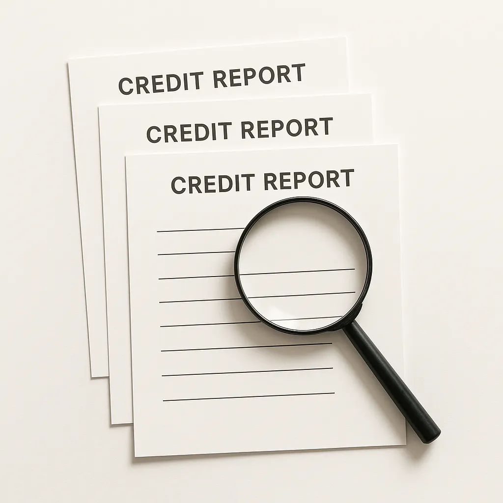 stacked blank report pages with a magnifying glass on a white background