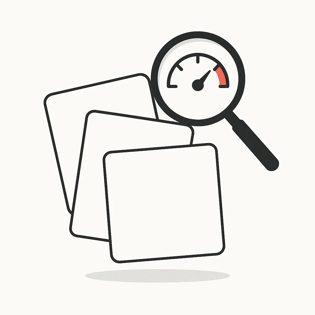 stacked cards with a magnifying glass on a white background