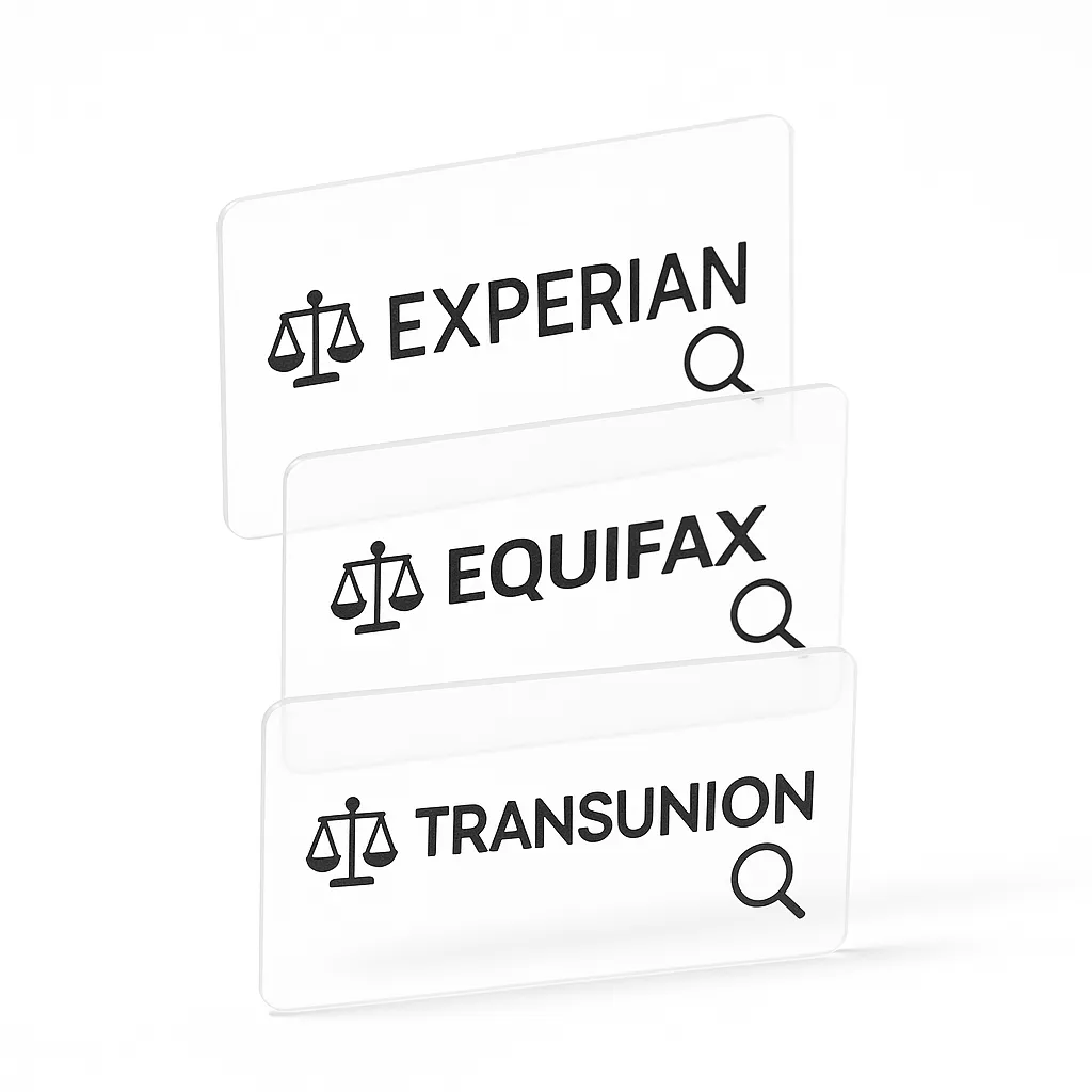 three stacked cards with a magnifying glass on a white background