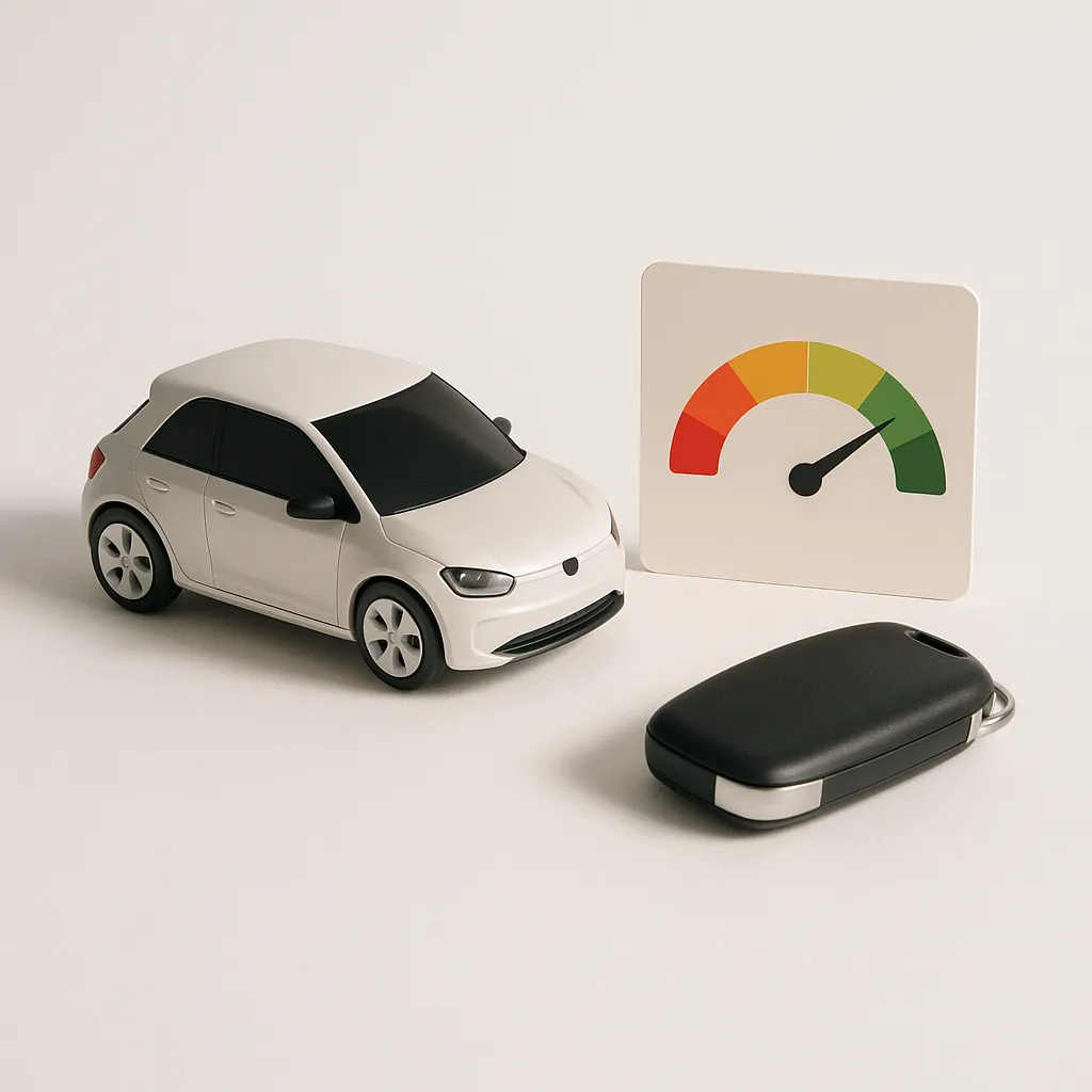 toy car beside a credit score gauge card and car key fob on a white background