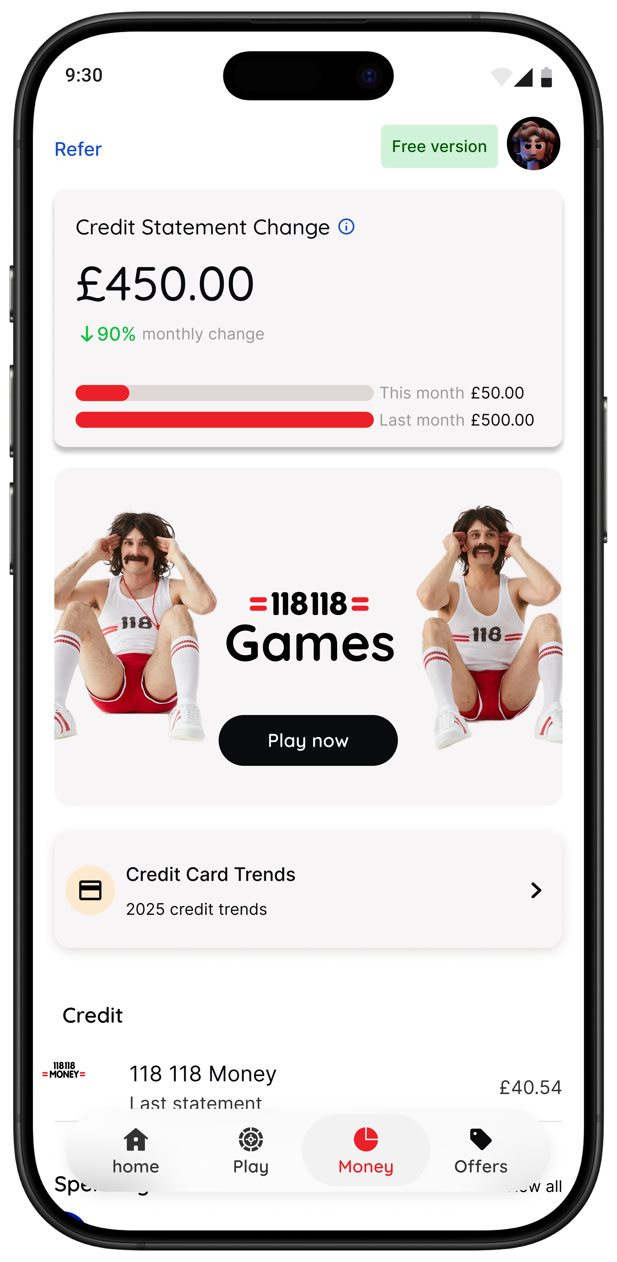 118M8 app homepage showing Credit Statement Change, Games, and Credit Card Trends