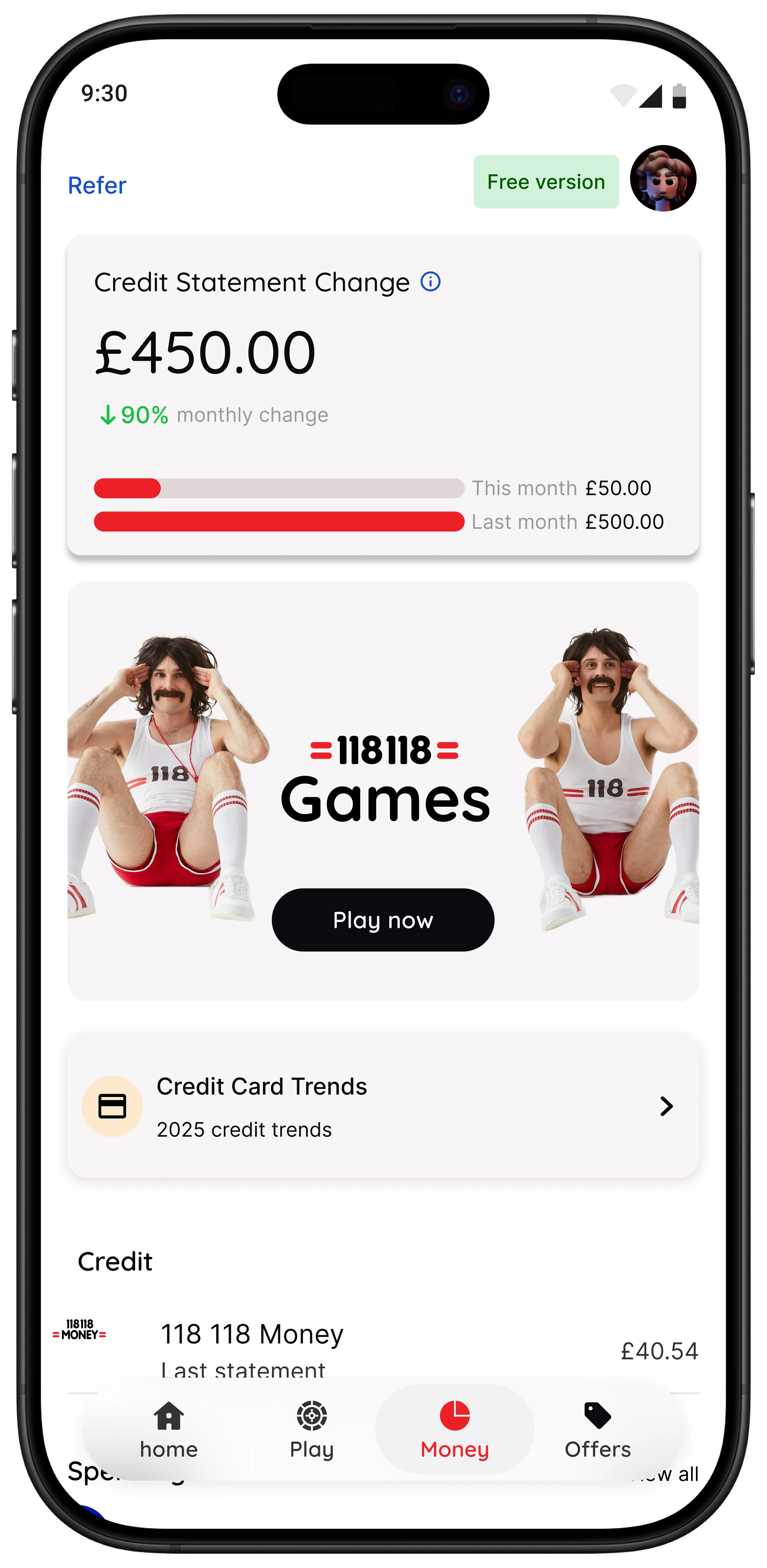 118M8 app homepage showing Credit Statement Change, Games, and Credit Card Trends