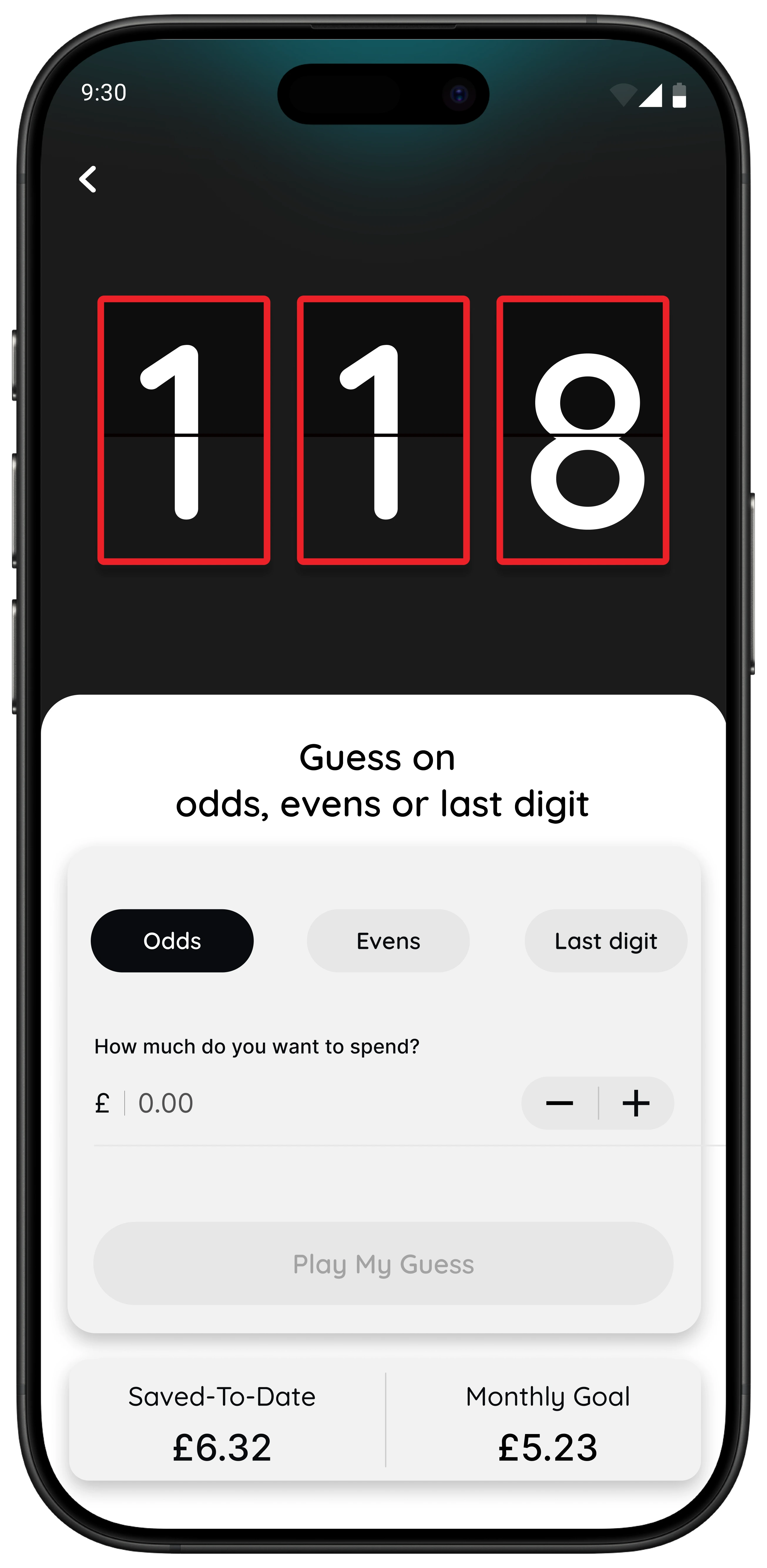 118M8 Number Generator game showing 1-1-8 numbers with odds, evens, and last digit options