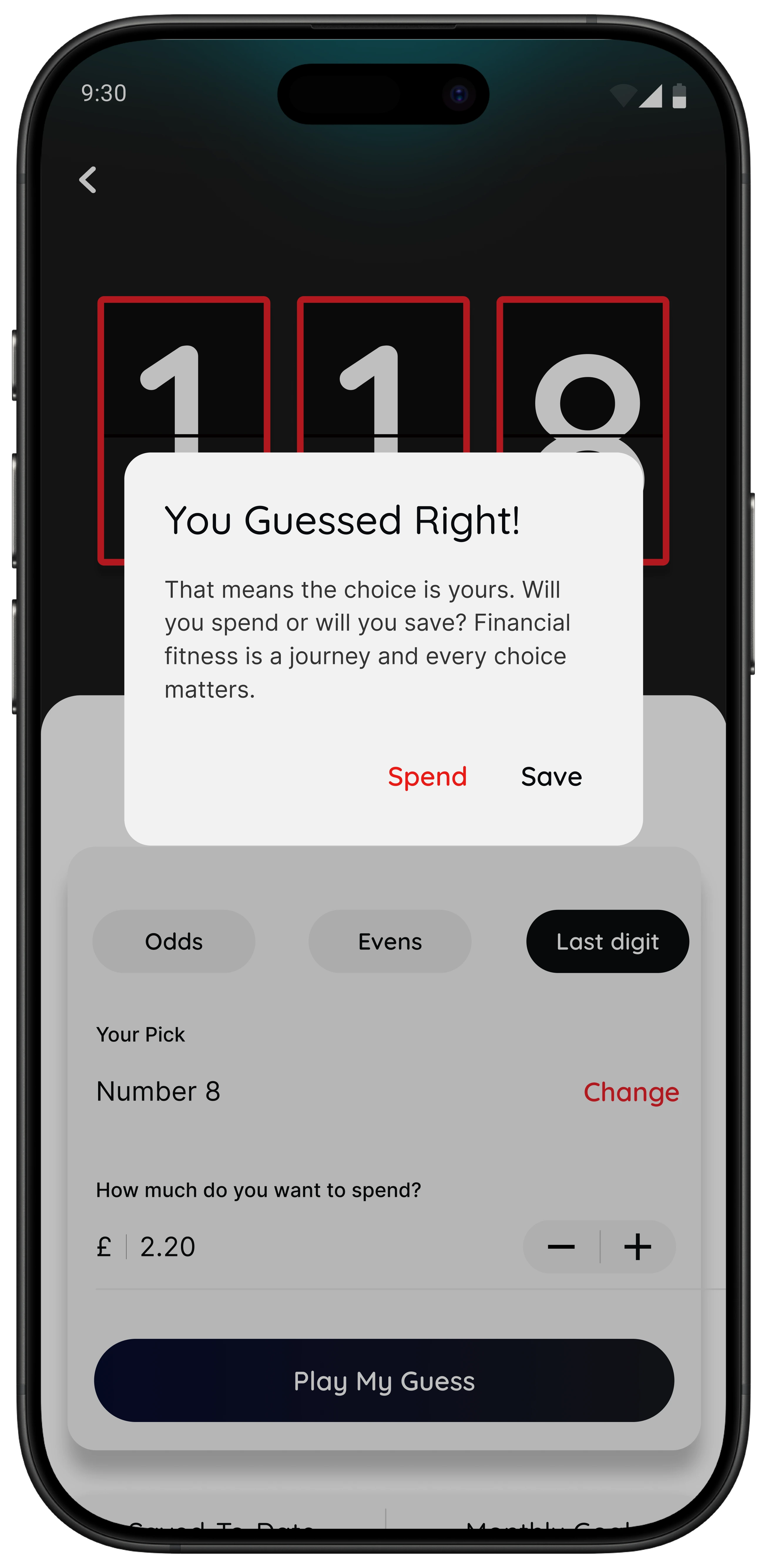 118M8 Number Generator result showing You Guessed Right with Spend and Save options