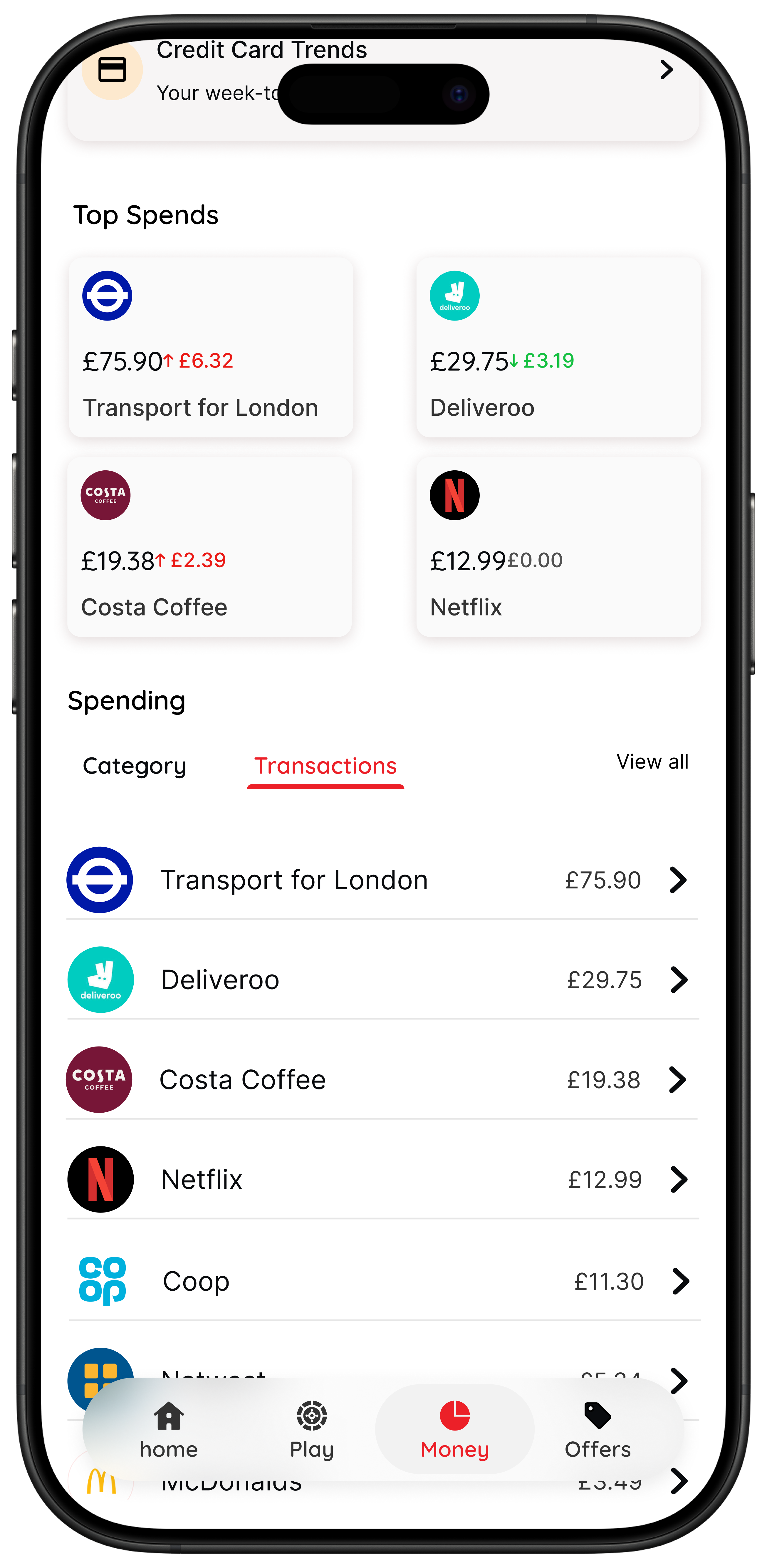weekly transactions view showing spending activity